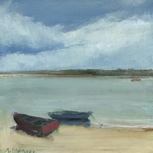 “Red and Blue Dories” 12×12 oil on board $5,540